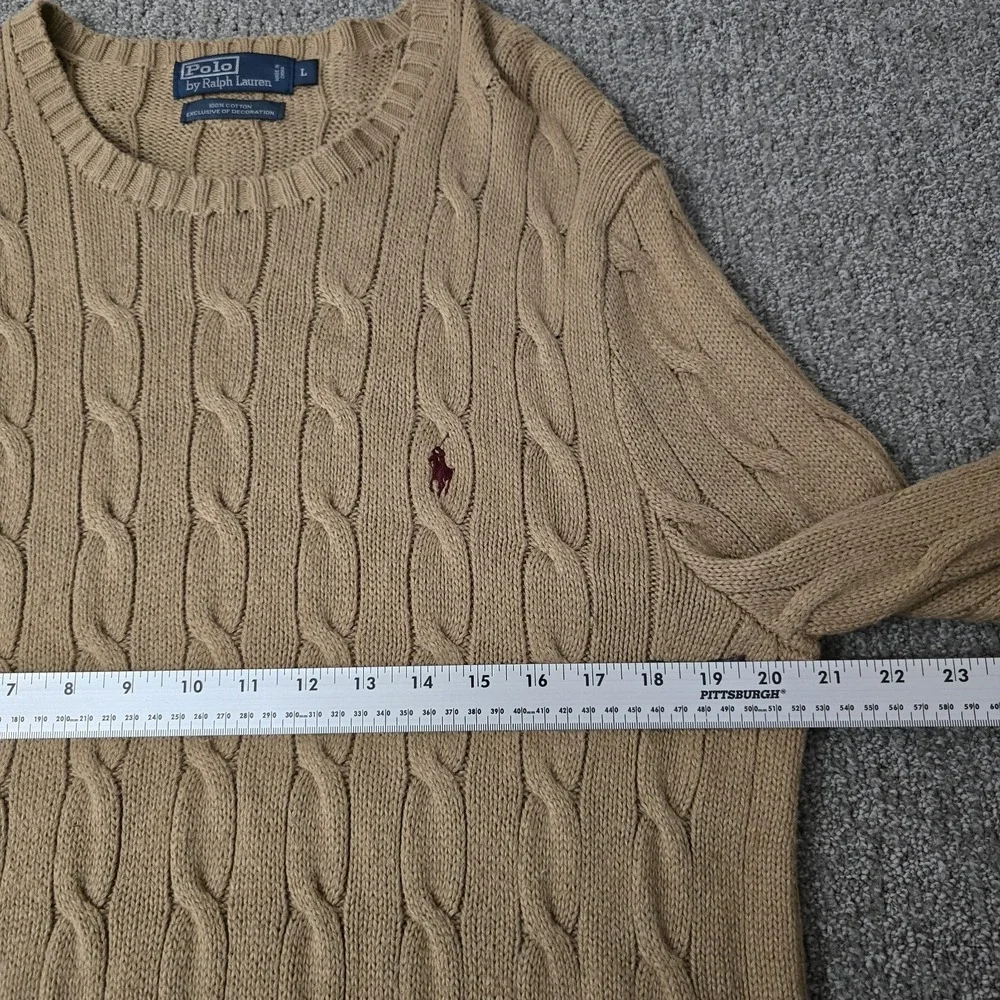 VTG Polo Ralph Lauren Mens L Cable Knit Sweater Tan 100% Cotton Crewneck Preppy